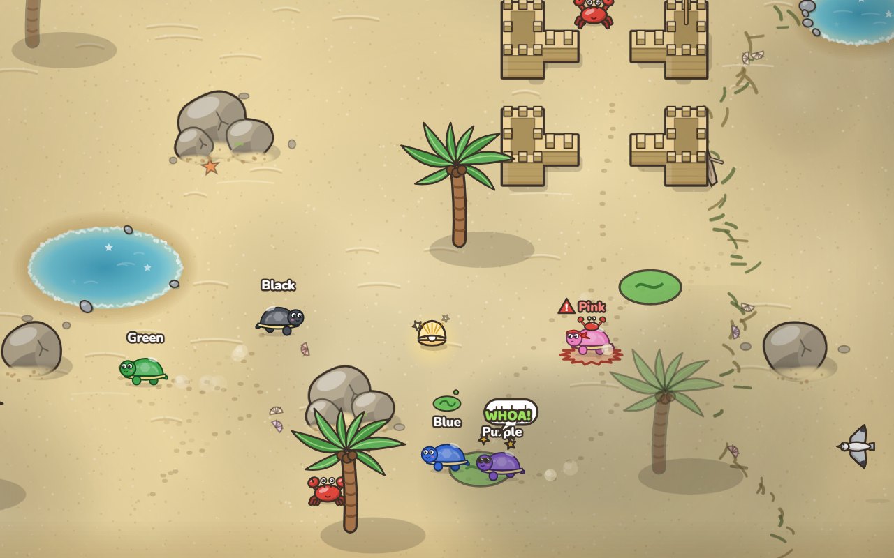 Sunny Beach: sandcastle towers, boulders, palm trees and tide pools, with turtles scattering across the sand