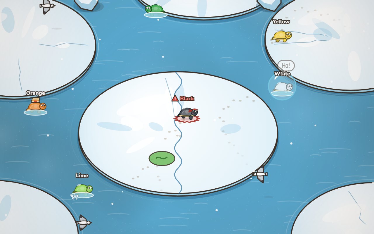 Iceberg Floes: big round ice floes on a blue sea, with turtles crossing between them