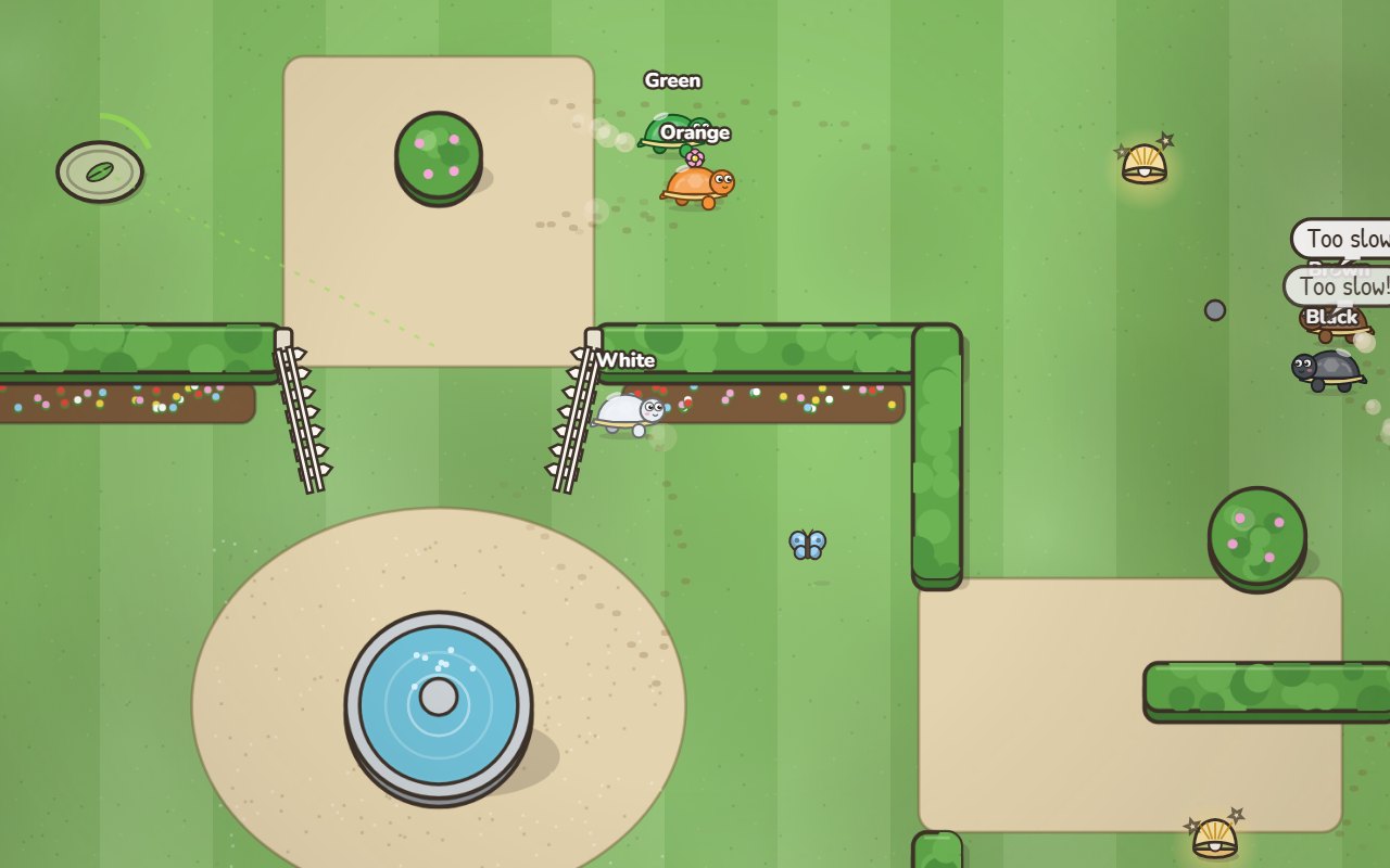Turtle Garden: hedge walls, stone paths and a fountain on a striped lawn