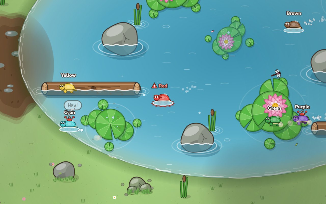 Lily Pond: lily pads, a floating log and rocks in a pond with grassy banks