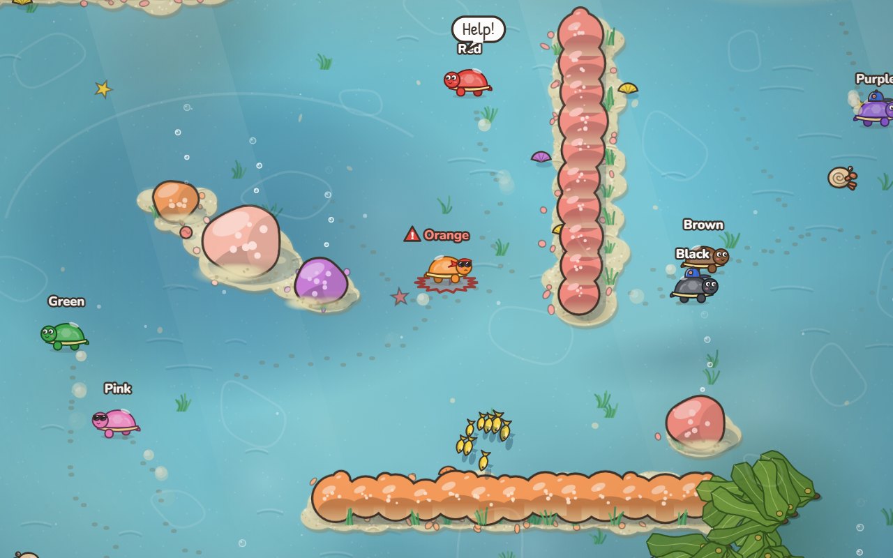 Coral Reef: pink coral walls and sandbars in clear blue water, with turtles darting between them