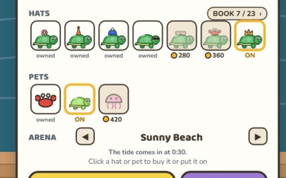 The hat and pet shop: owned hats, a crown being worn, and more hats and pets to buy with coins