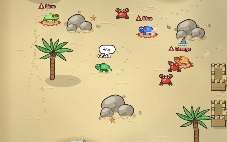 Three taggers in red bandanas close in on a green turtle on Sunny Beach, between the palm trees and boulders