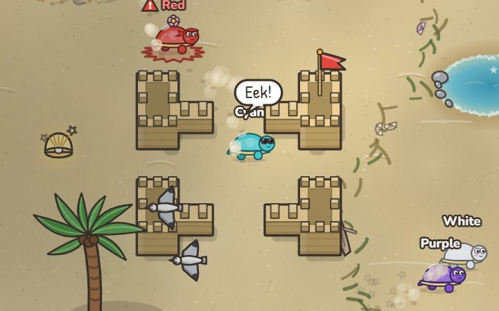 Infection mode on Sunny Beach: a tagger closes in on a cyan turtle by the sandcastle